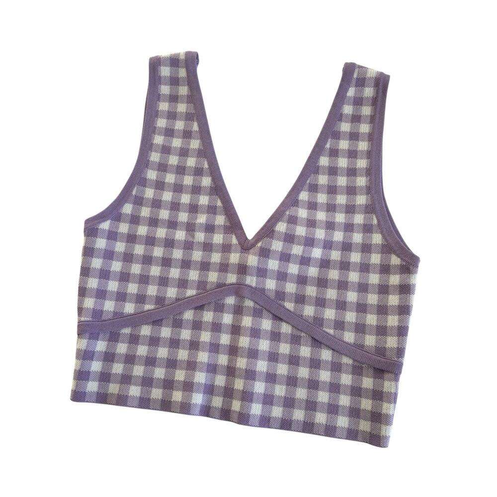 Princess Polly Lavender Purple/White Gingham Cropped Knit Top Women’s M/L